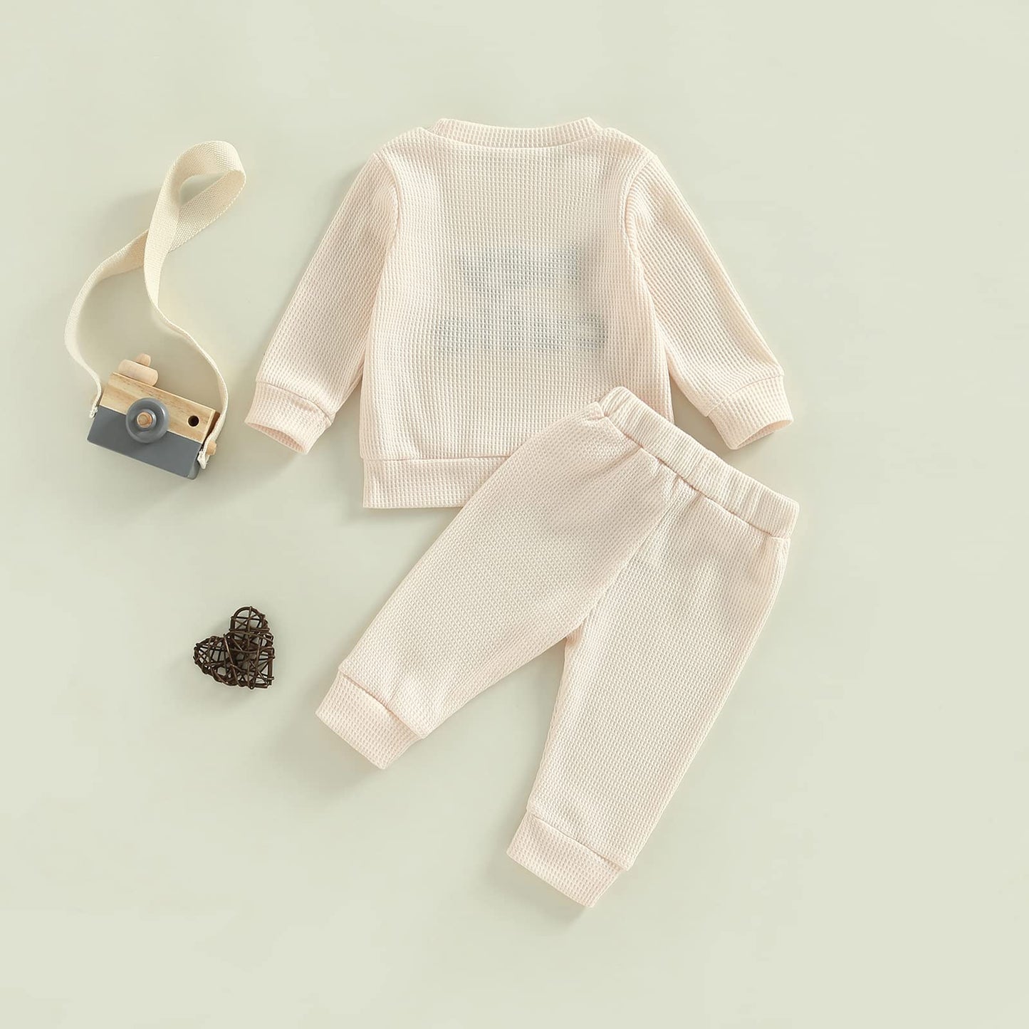 Toddler Baby Girl Boy Fall Winter Waffle Outfit Set Letter Printed Long Sleeve Sweatshirt Tops + Pants (Apricot, 3-6 Months)