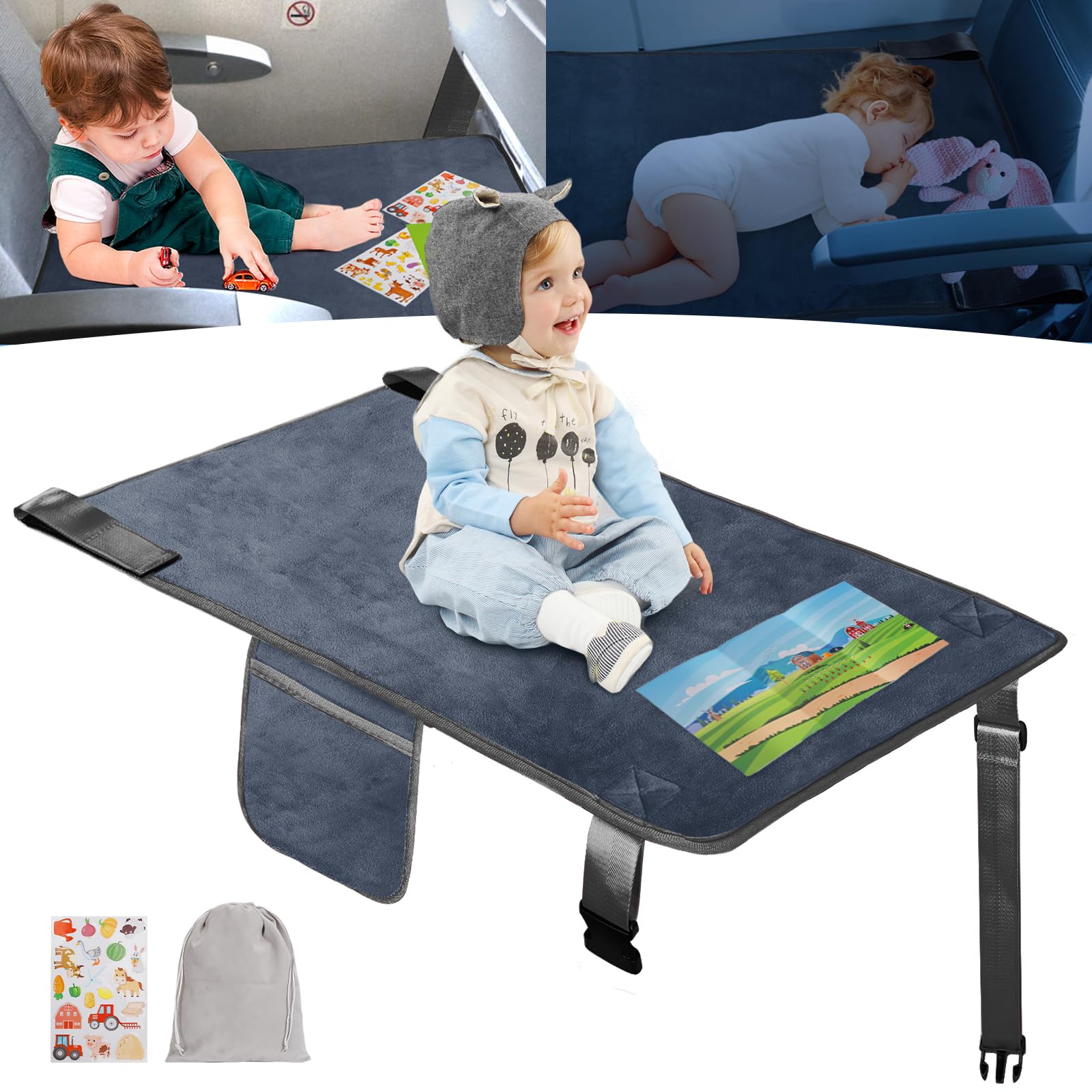 Gocozy Toddler Airplane Bed, Travel Essentials For Kids, Soft Toddler Airplane Travel Essentials With Sticker Book, Grey