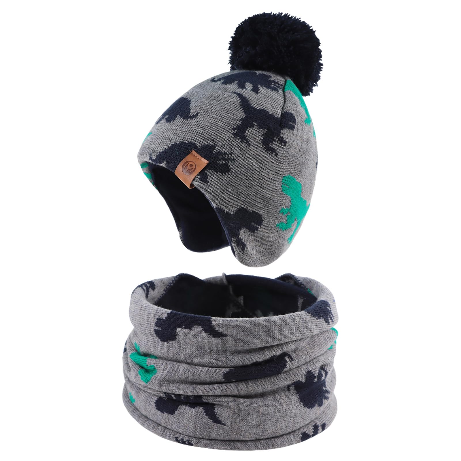Jangannsa Knitted Baby Hat Scarf Set Winter Warm Boys Girls Beanie Fleece Lining Toddler Kids Hats With Pompom (Gray Dinosaur(Ha