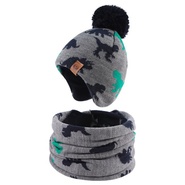 Jangannsa Knitted Baby Hat Scarf Set Winter Warm Boys Girls Beanie Fleece Lining Toddler Kids Hats With Pompom (Gray Dinosaur(Ha