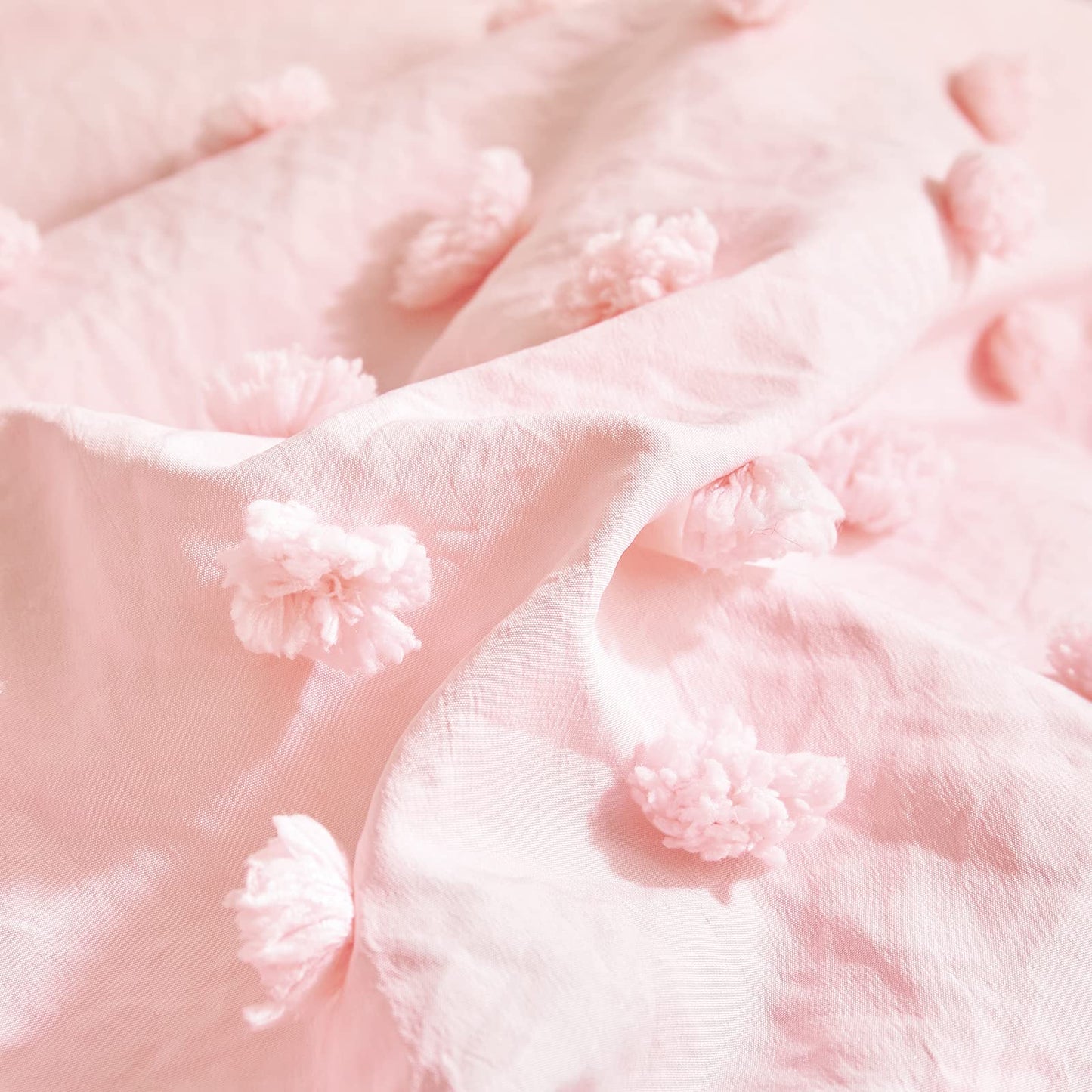 4 Pieces Tufted Dots Toddler Bedding Set Solid Pink Jacquard Pom Pom Tufts, Soft And Embroidery Shabby Chic Boho Design For Baby