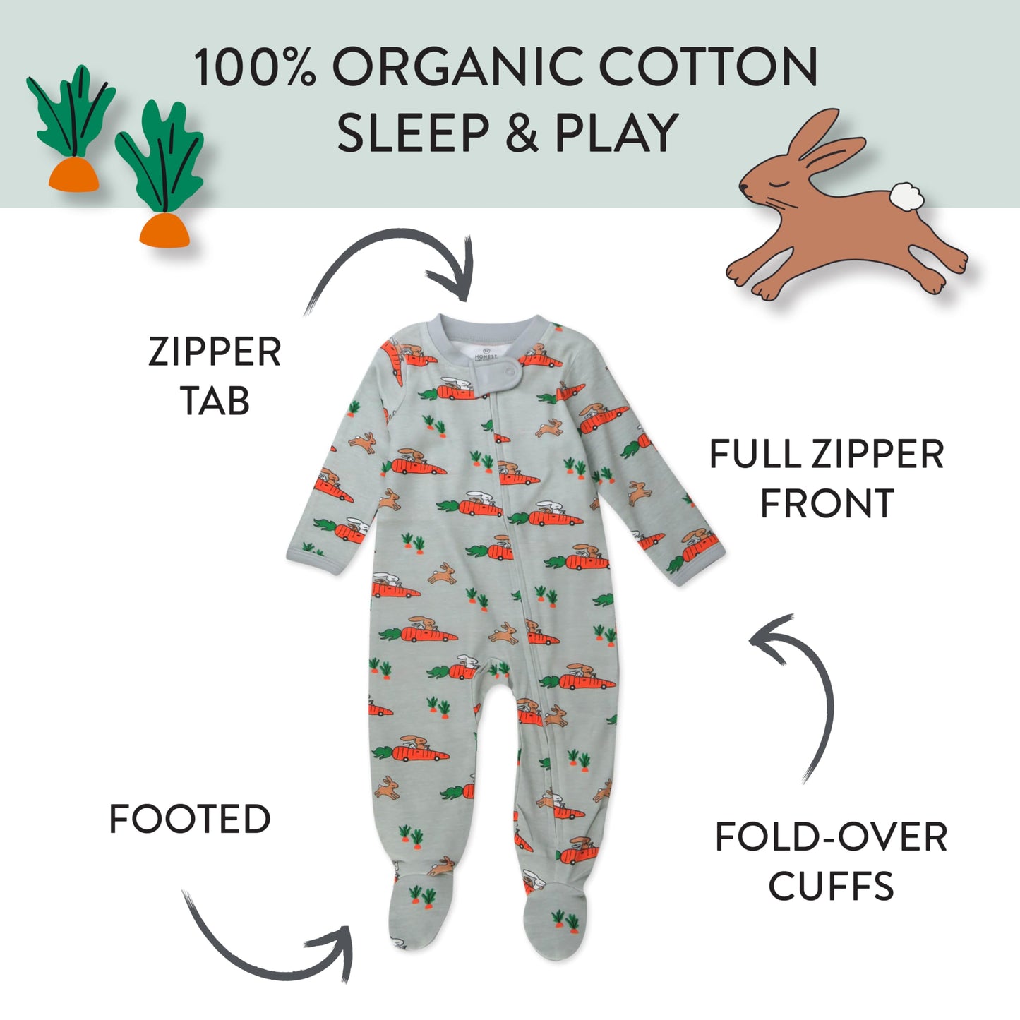 Honestbaby Baby Celebration Sleep & Play Footed One-Piece Pajama Sleeper 100% Organic Cotton, Racing Rabbits, 0-3 Months