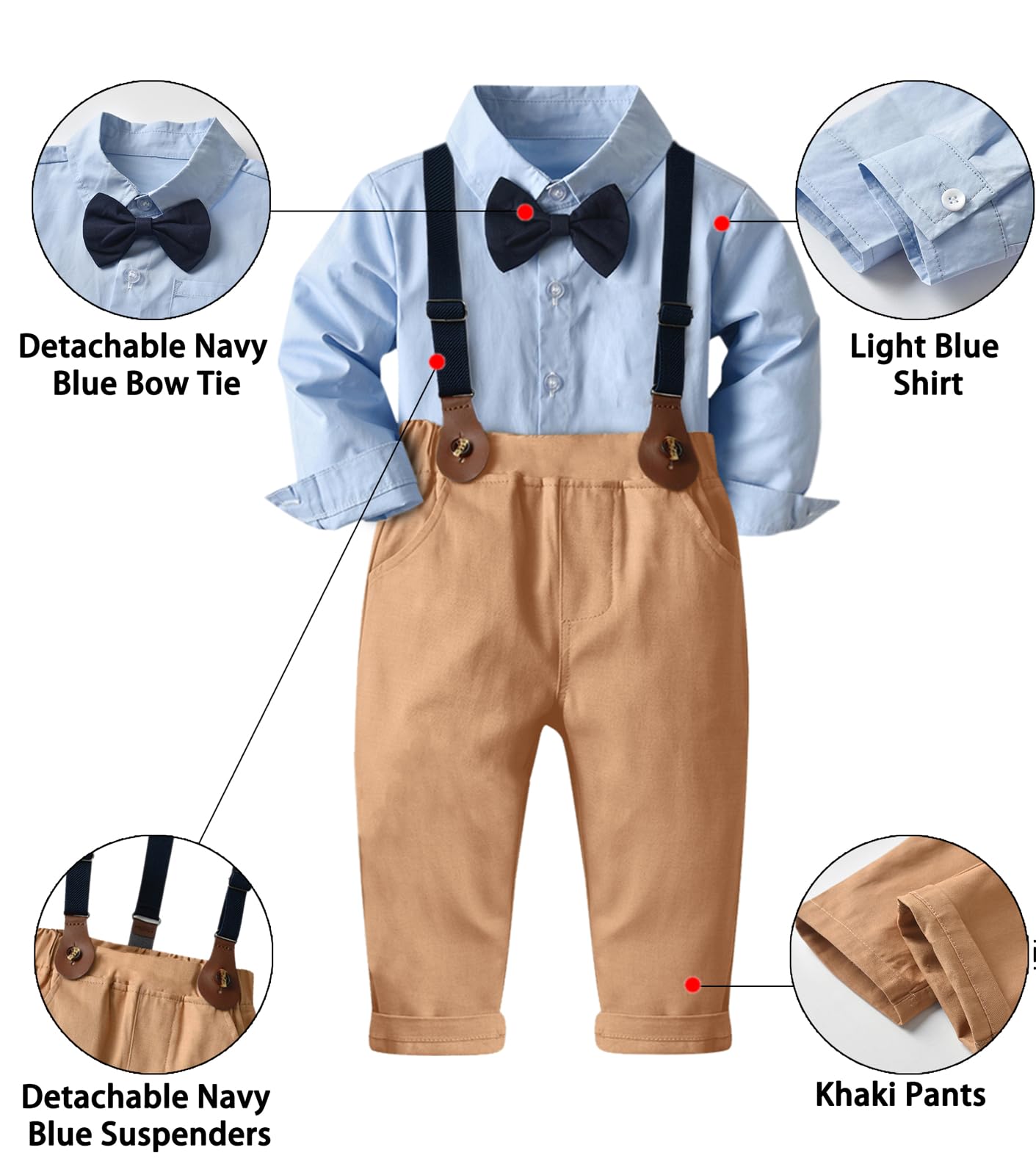 Baby Boys Clothes, Long Sleeves Dress Shirt And Suspender Khaki Pants Set Tuxedo Gentlemen Outfit With Bow Tie For Newborn Toddl