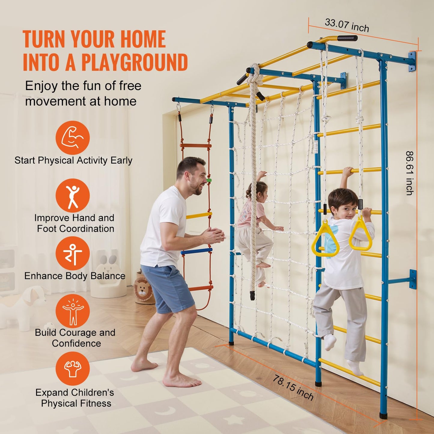 Vevor Indoor Jungle Gym For Toddlers, 7-In-1 Climbing Playset With Carbon Steel Swedish Ladder, Wall Ladder, Pull-Up Bar, Rope L