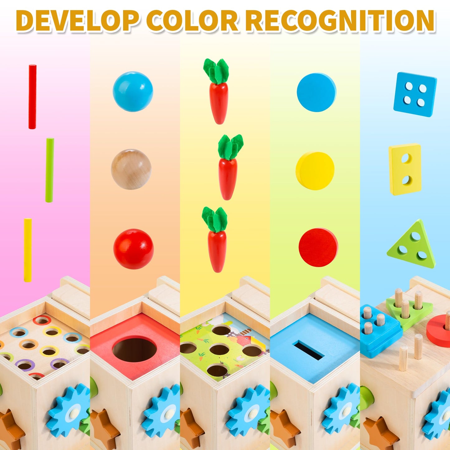 Kizfarm Wooden Montessori Baby Toys, 8-in-1 Wooden Play Kit Includes Object Permanent Box, Coin Box, Carrot Harvest, Shape Sorti