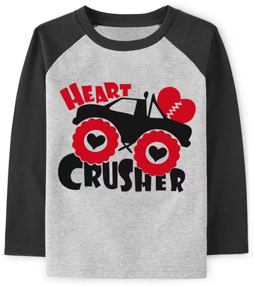 Kids Boys T-Shirt Valentines Heart Crusher Shirt Monster Truck Vday Tops Long Sleeve Raglan Toddler Baby Tees 5T
