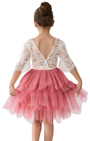 2Bunnies Girl Peony Lace Back A-Line Tiered Tutu Tulle Flower Girl Dress (Dusty Rose Bell Sleeve, 2T)