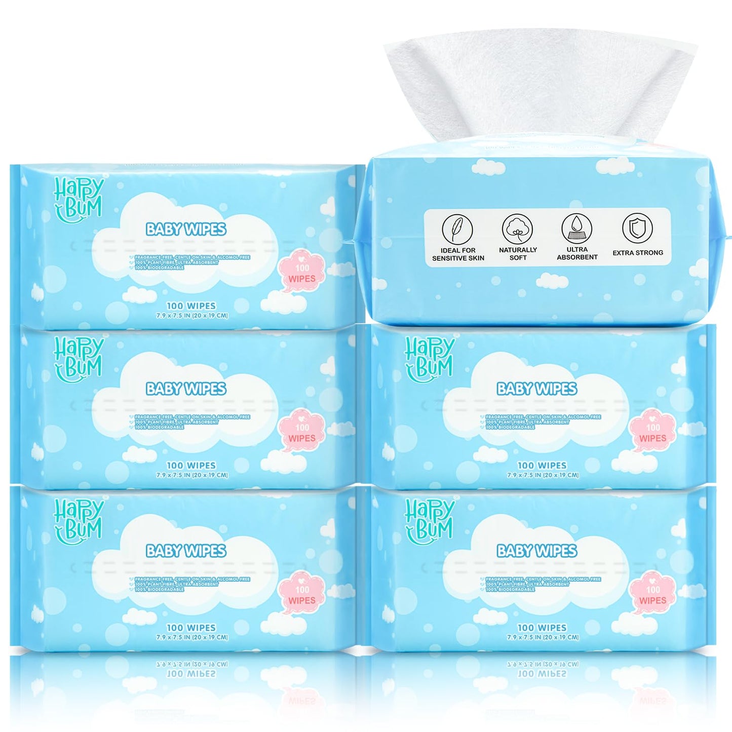 Dry Wipes - Happy Bum Dry Baby Wipes, 100% Cotton Large Baby Wipes, Unscented Cotton Tissues For Sensitive Skin, 600 Count, Baby