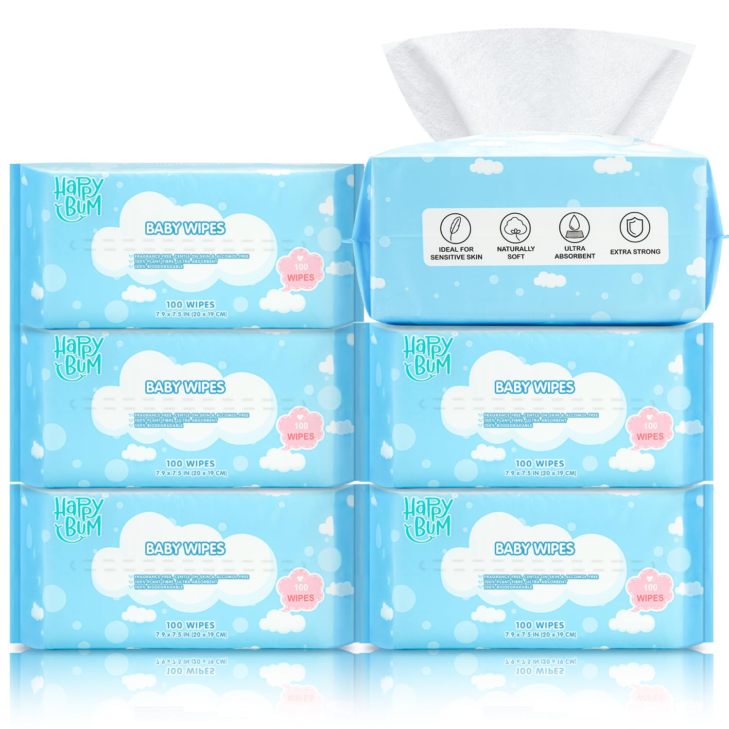 Dry Wipes - Happy Bum Dry Baby Wipes, 100% Cotton Large Baby Wipes, Unscented Cotton Tissues For Sensitive Skin, 600 Count, Baby