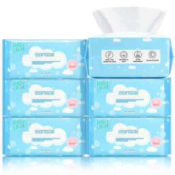 Dry Wipes - Happy Bum Dry Baby Wipes, 100% Cotton Large Baby Wipes, Unscented Cotton Tissues For Sensitive Skin, 600 Count, Baby