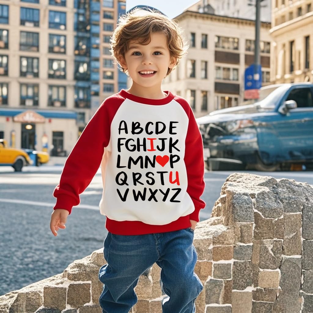 Aqylxlhh Kids Valentines Day Sweatshirt Toddler Boy 7T Abc I Love U Heart Graphic Shirt Little Girls Long Sleeve Red Outfit Tops