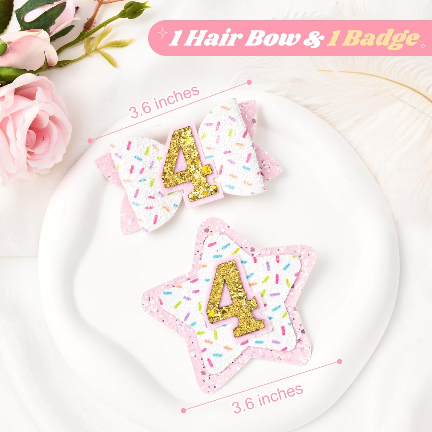 Deeka 4Th Birthday Hair Bow And Badge Set For Girl - Glitter Pink And White Hair Clips For 4 Year Girl Party Decoration - Girls