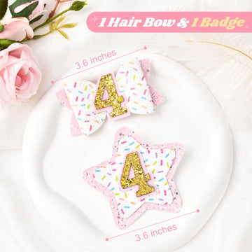Deeka 4Th Birthday Hair Bow And Badge Set For Girl - Glitter Pink And White Hair Clips For 4 Year Girl Party Decoration - Girls