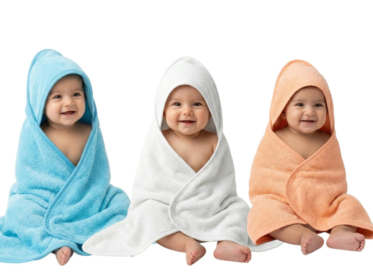 Chitu Trends Baby Hooded Terry Cotton Bath Towel Cum Wrapper Pack of 3 for Boys & Girls | Soft Single Layer Cotton Towel for New