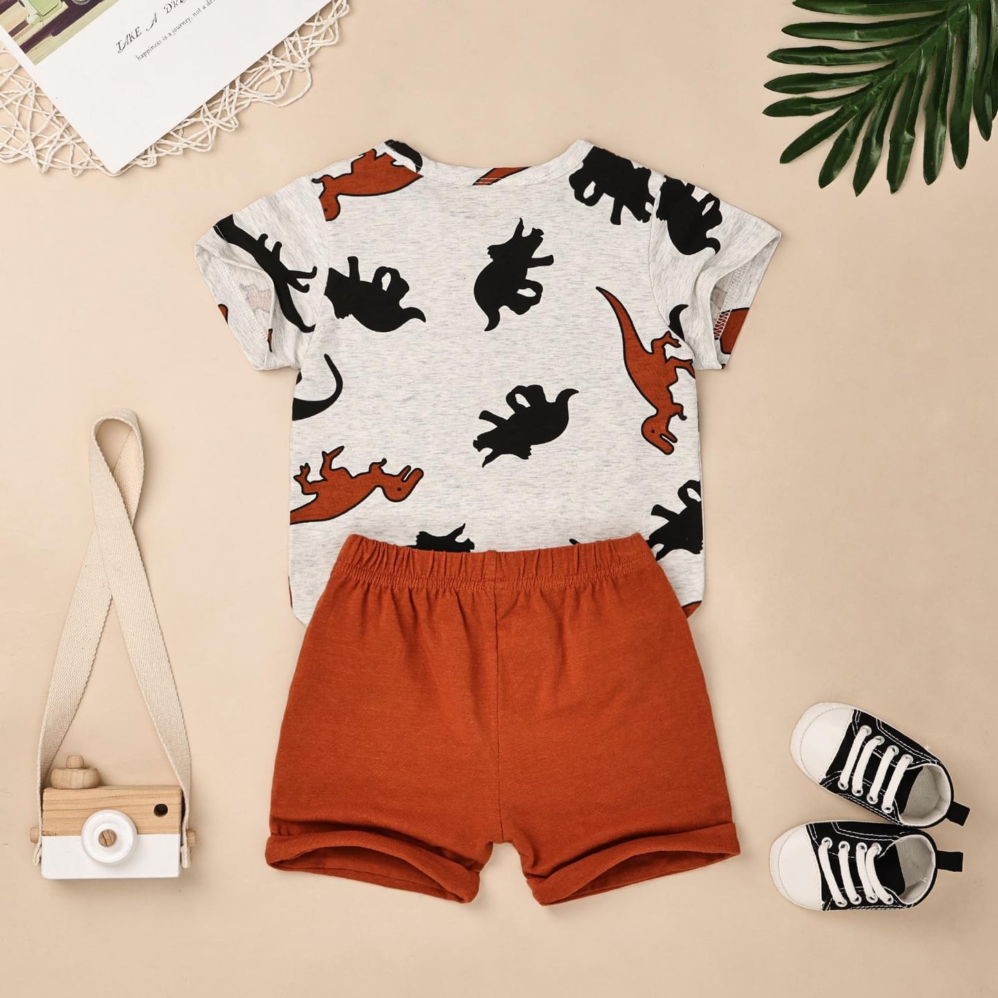Odimame Toddler Boy Clothes 2T Baby Boy Clothes Summer Outfits Dinosaur T-Shirt Pocket Short Pants Set Brown 2-3T/90Cm