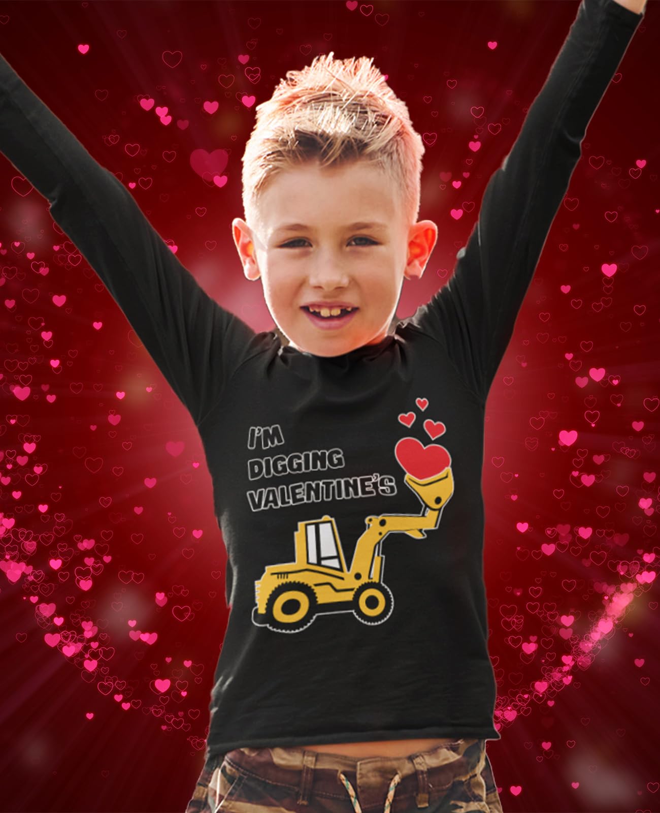 Tractor & Digger Toddler Boys Valentines Shirt Heart Dab Funny Valentine'S Day Kids Long Sleeve T-Shirt For Toddlers 2T Black