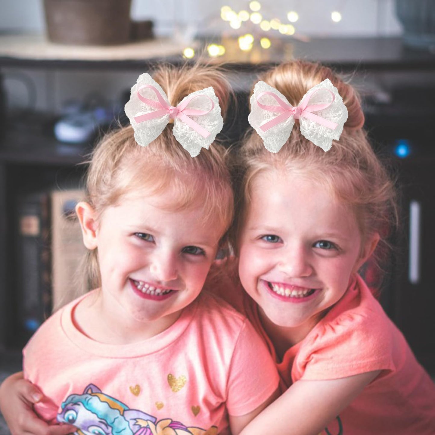 Lmymhmlm 2Pcs Lace Hair Bows For Girls, White Lace And Pink Hair Ribbons, Alligator Bow Hair Clips, Handmade Hair Accessories Fo