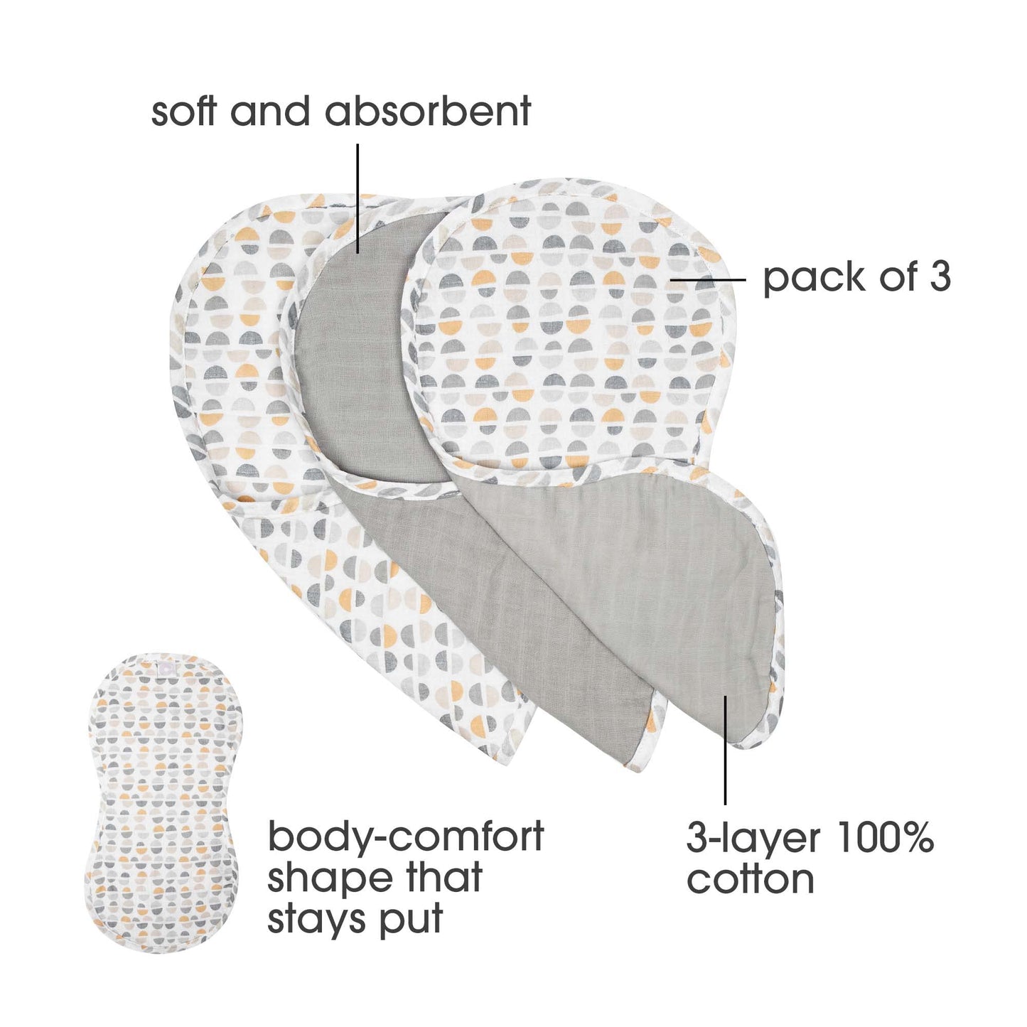 Boppy 100% Cotton Muslin Burp Cloth, Gray Gold Truffles, Coordinating Design, Pack Of 3, Soft And Absorbent Burp Cloths With A C