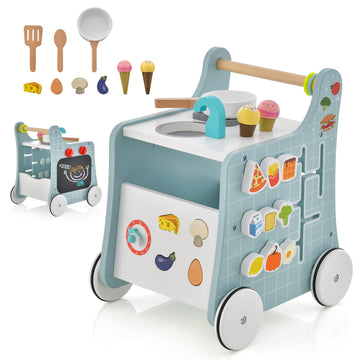 HONEY JOY Baby Push Walker, 6-in-1 Wooden Play Kitchen Walker Activity Center w/Shape Sorter & Blackboard, Develop Motor Skills,