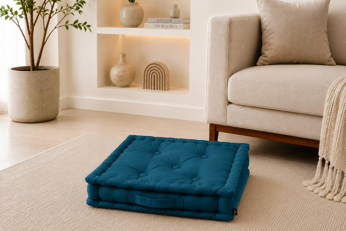 SKY MOON FAB Floor Cushion Set 4, 50x50x10 cm Square Tufted Seat Pad, 100% Cotton Cover, Polyester Filling, Handmade Thick Medit
