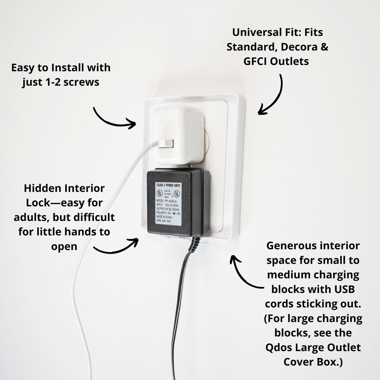 Qdos Safety Medium Outlet Cover Box For Baby Proofing Outlets| Secure Hidden Lock | Generous Interior For Medium Sized Charging