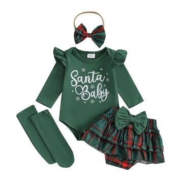 Beqeuewll Newborn Baby Girl Christmas Outfit Santa Baby Clothes Long Sleeve Romper+Bloomers Tutu Skirt+Socks+Headband 4Pcs (Gree