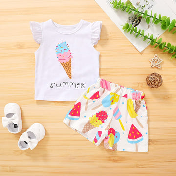Younger Tree Toddler Baby Girl Summer Clothes Ice Cream Printed T-Shirt + Short Pants 2Pcs Girls Outfit Set (Ice Cream, 12-18 M)
