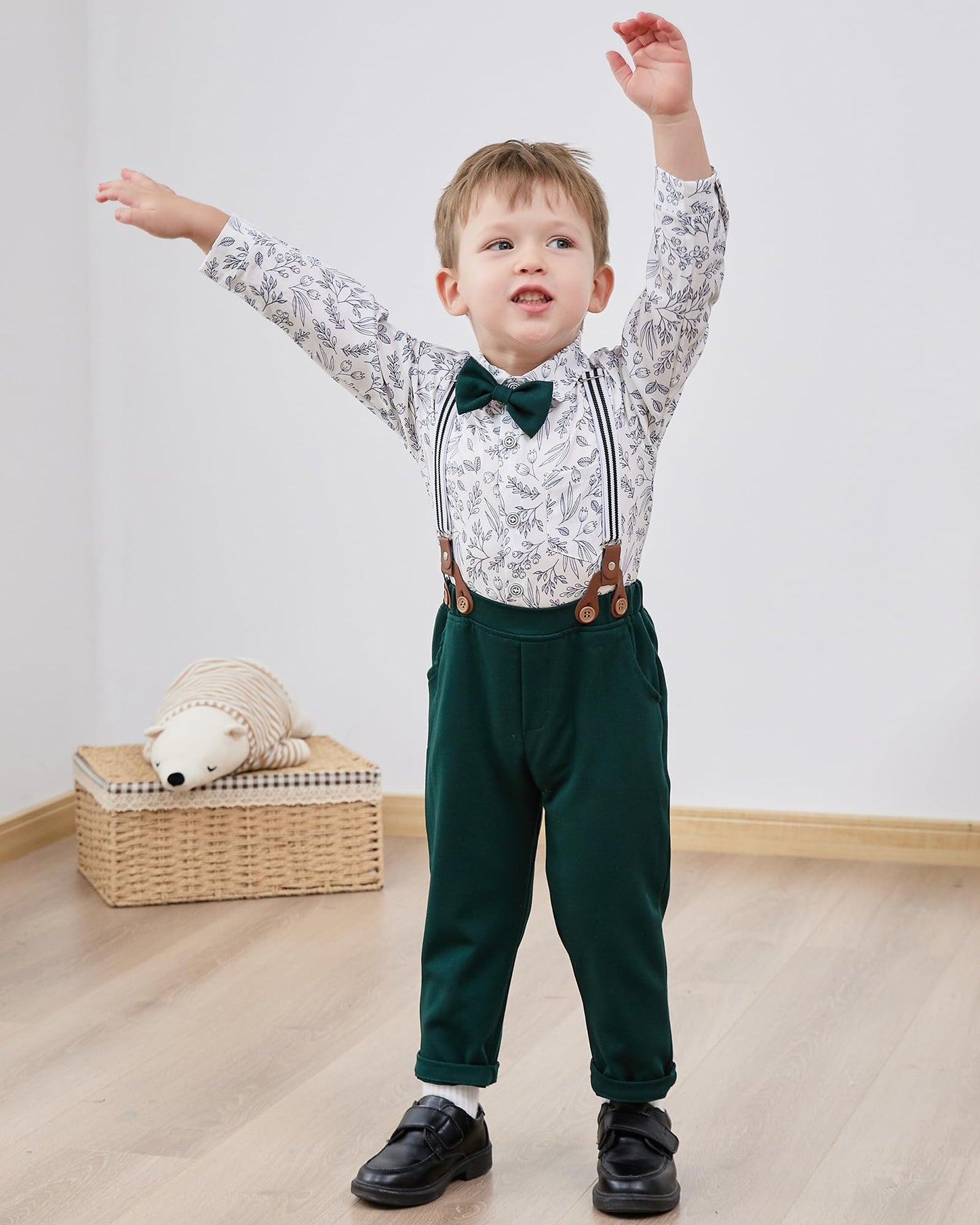 Yallet Toddler Baby Boy Clothes Suit Gentleman Outfits Formal Dress Shirt + Bowtie + Suspender Pants Wedding Party(L Green-Print