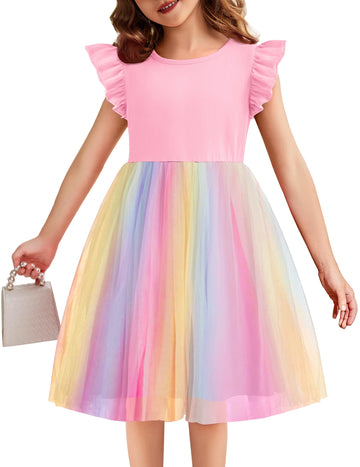 Flypigs Toddler Tutu Dress Girls Fluffy Summer Dresses Cute Pink Rainbow Flower Valentine Pageant Dress For 5 Years