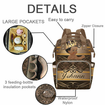 M Yescustom Personalized Diaper Bag, Custom Brown Crown Prince Diaper Bag With Name, Waterproof Diaper Bag Backpack Mommy Bag Nu