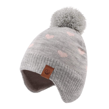 Jangannsa Knitted Baby Hat Scarf Set Winter Warm Boys Girls Beanie Fleece Lining Toddler Kids Hats With Pompom (Gray Heart Hat,L