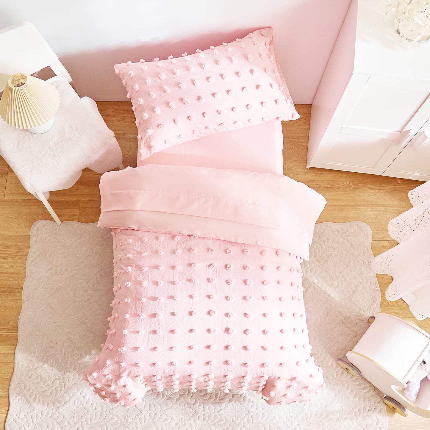 4 Pieces Tufted Dots Toddler Bedding Set Solid Pink Jacquard Pom Pom Tufts, Soft And Embroidery Shabby Chic Boho Design For Baby
