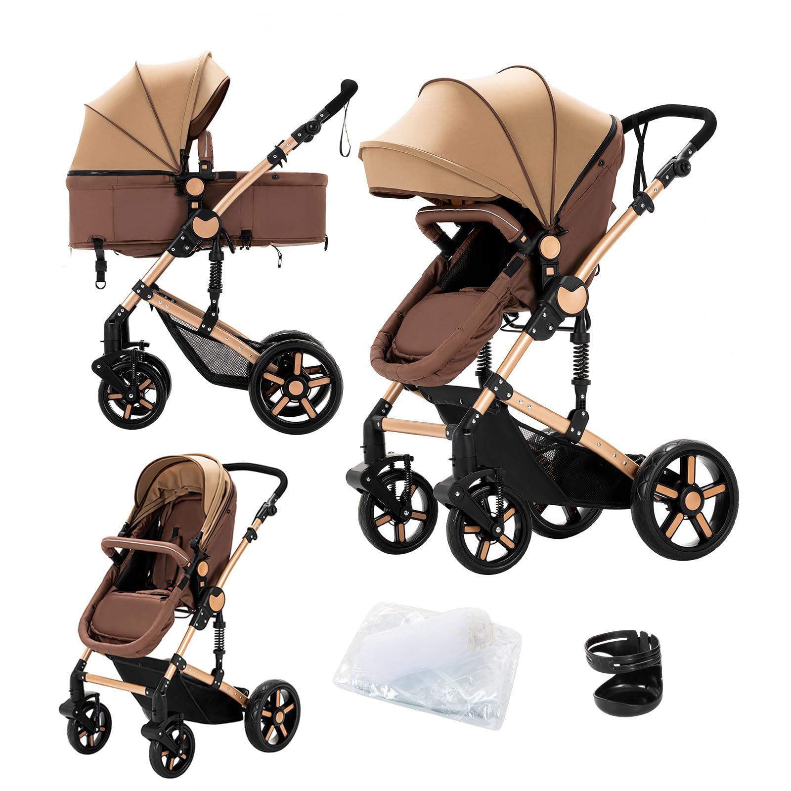 2 in 1 Baby Stroller Convertible Reversible Standard Pram Portable Pushchair Infant Buggy Baby Carriage Foldable High Landscape 