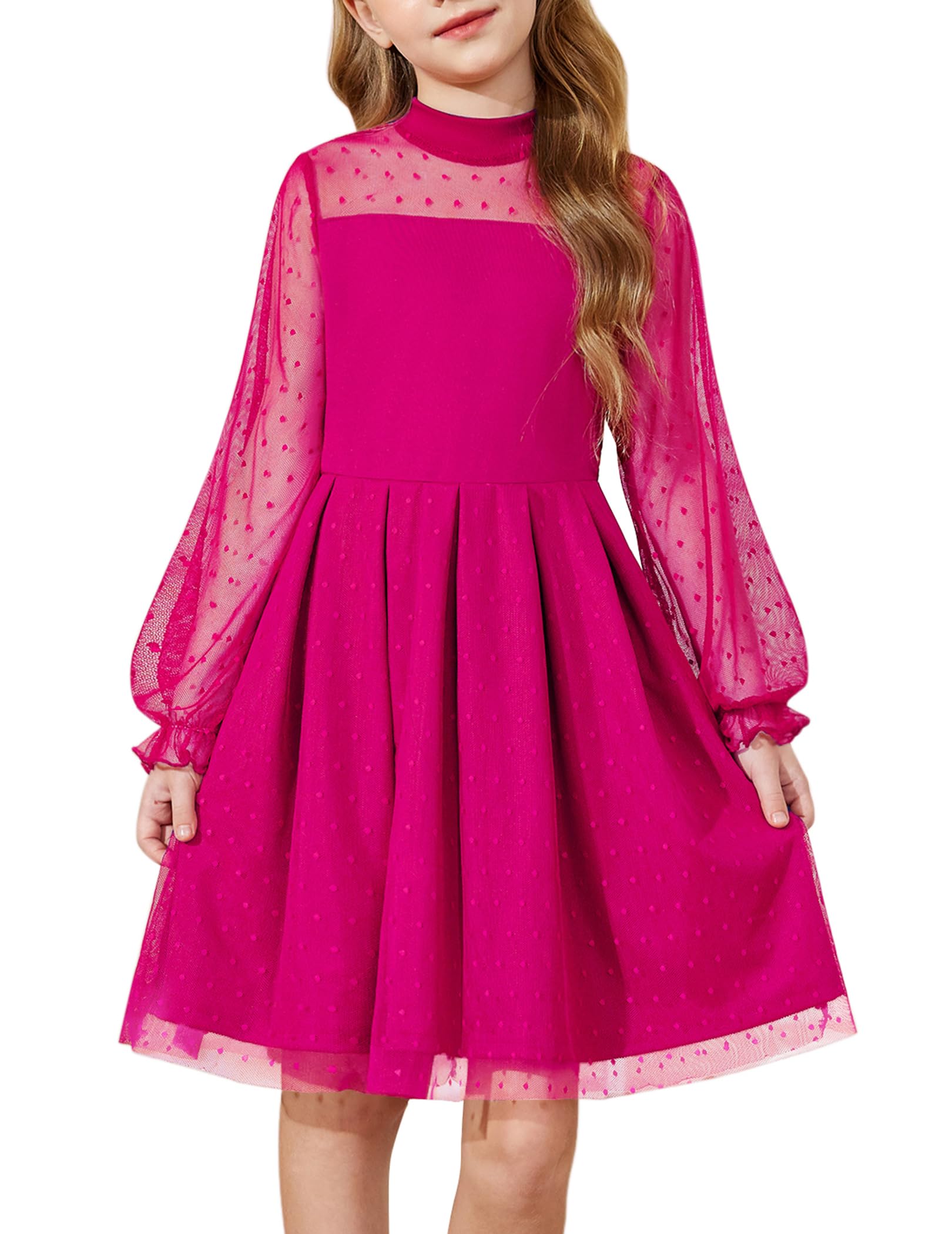 Arshiner Long Sleeve Girls Dress Fall Formal Party Fancy Costume Tulle DressesHot Pink Size 10-12