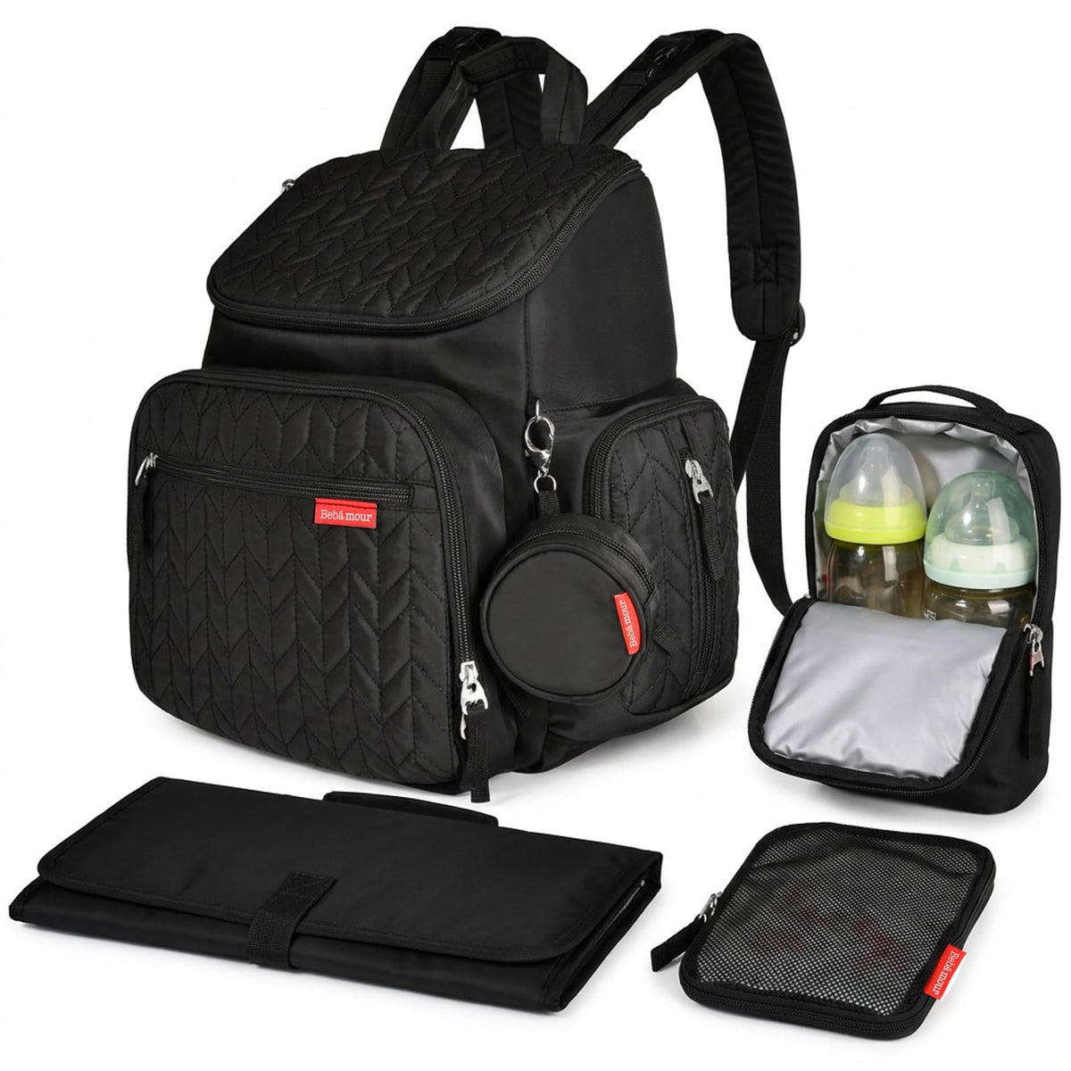 Bebamour Changing Bag with Baby Changing Mat, Mesh Bag, Insulated Bag, Large Baby Changing Bags, Black Upgraded, Backpack
