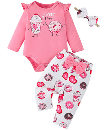 Baby Girl Clothes Gifts Outfits Spring Fall Winter Long Sleeve Romper And Pant Set Pink Cake/Donut 18-24 Months