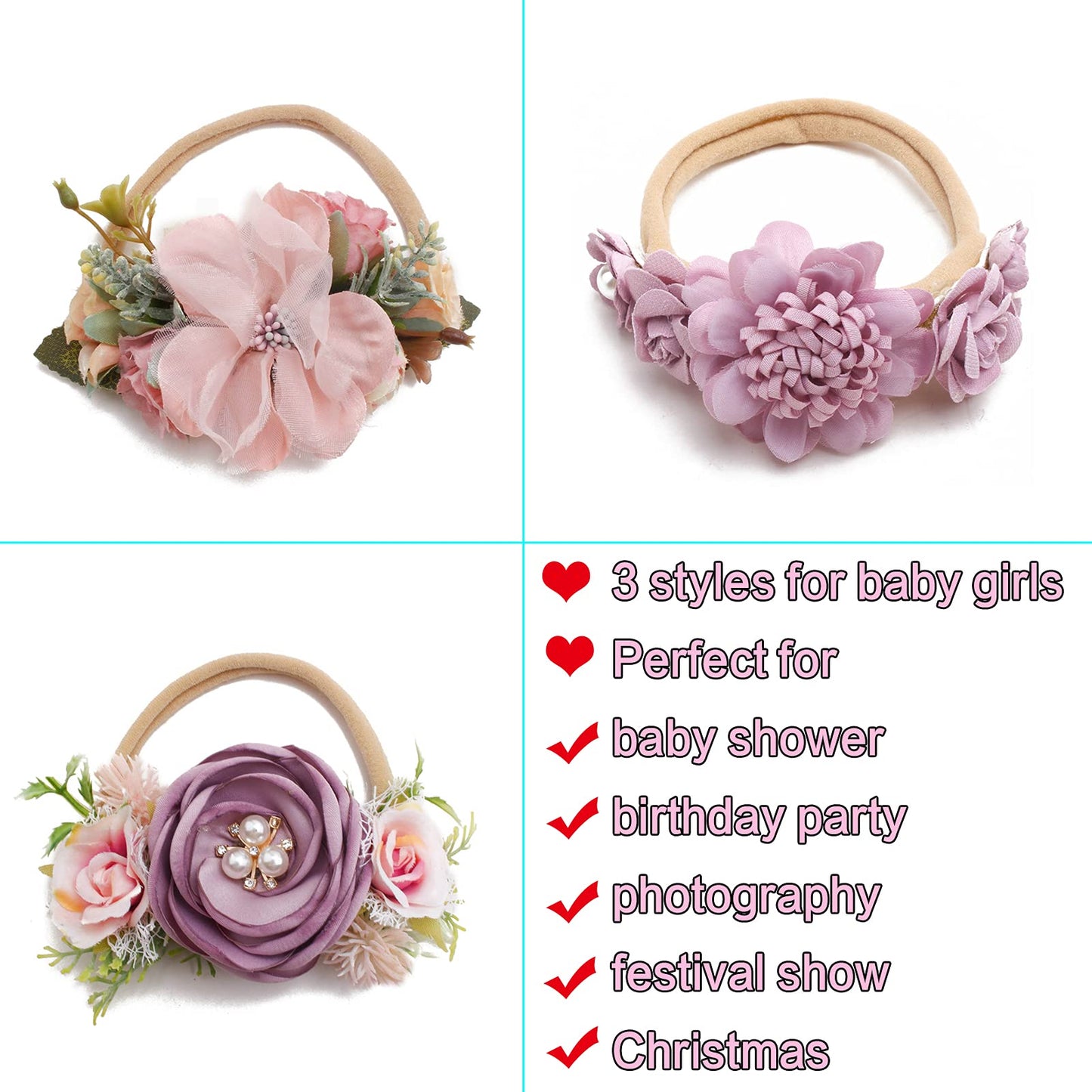 BFNAAgirl Baby Girl Headbands Nylon Flower Elastic Hairbands 3pcs Hair Accessories Gift for Newborn Infant Toddlers (YM4)