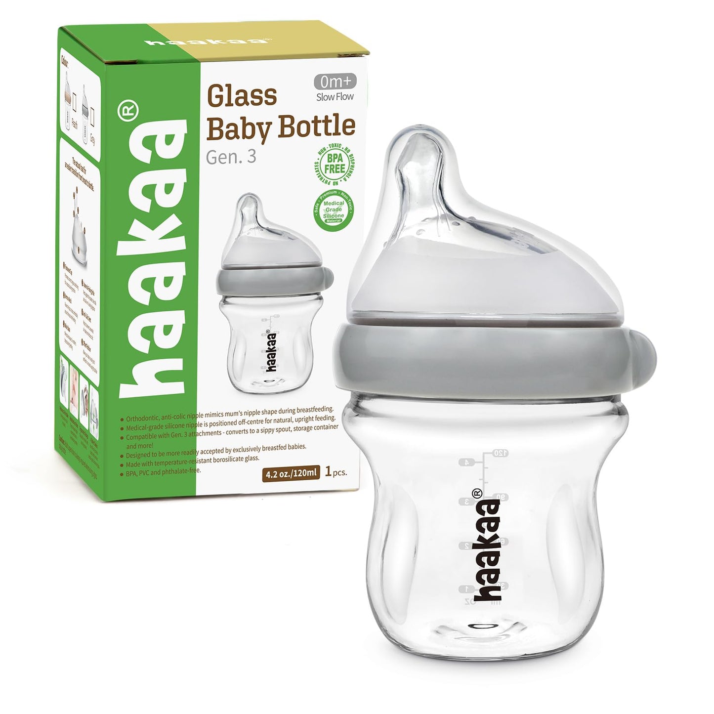 haakaa Gen.3 Natural Glass Baby Bottle 4.2oz/120ml - Wide Neck Anti-Colic Slow Flow Nipple for 0M+ Breastfed Baby, Newborn Regis