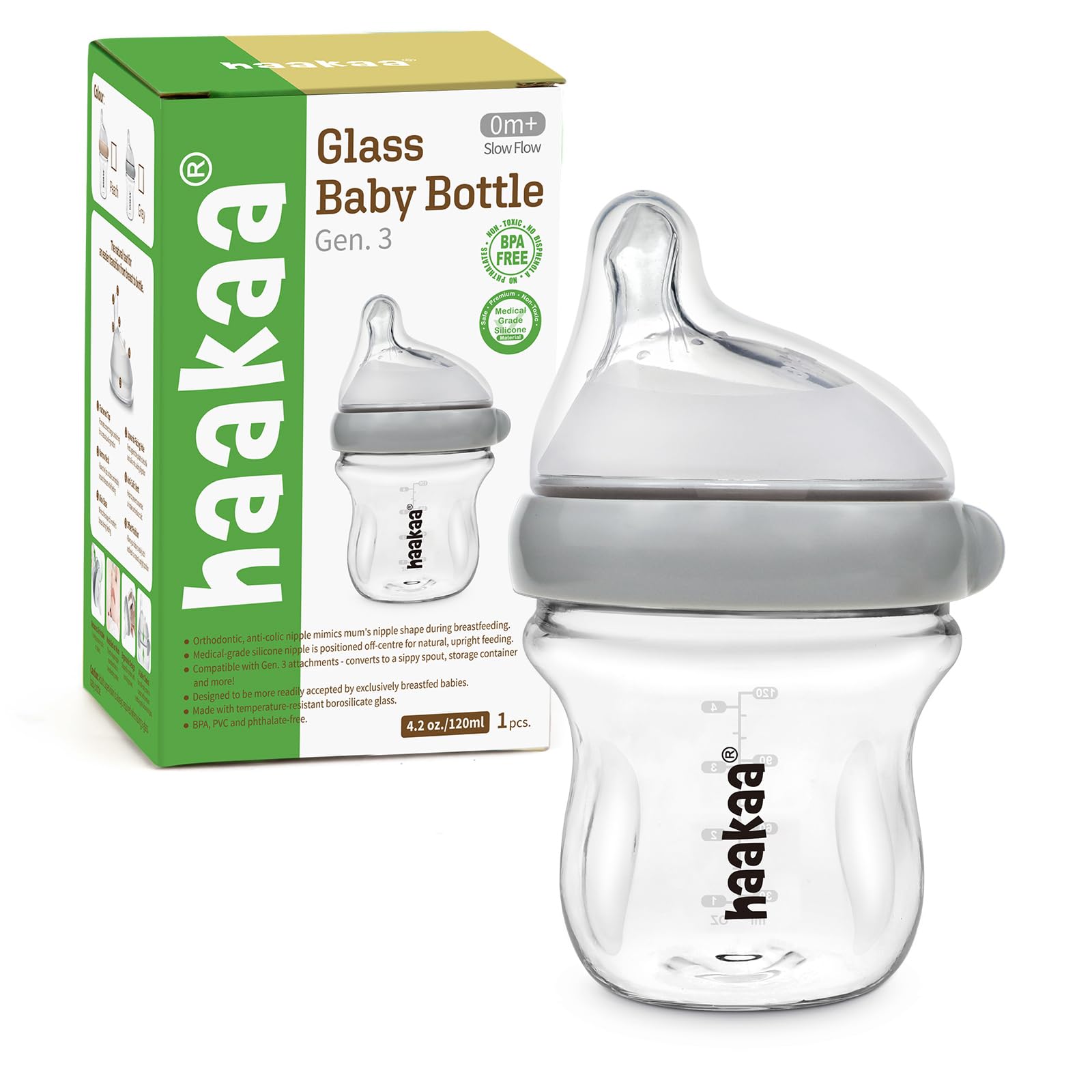 haakaa Gen.3 Natural Glass Baby Bottle 4.2oz/120ml - Wide Neck Anti-Colic Slow Flow Nipple for 0M+ Breastfed Baby, Newborn Regis