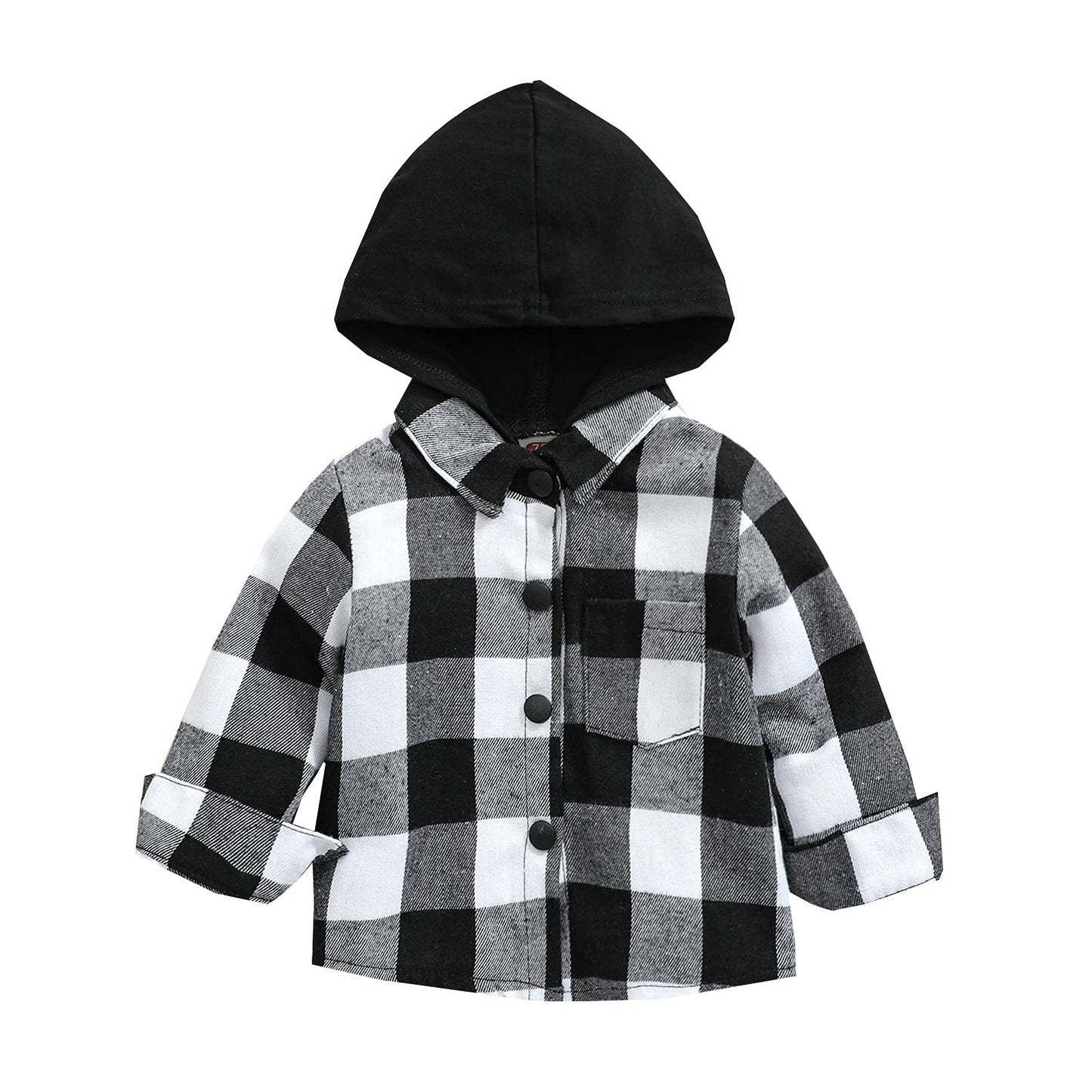 Kids Little Boys Girls Baby Long Sleeve Button Down Hooded Plaid Shirt Red Plaid Flannel Outfits (Black White, Tag 90, Us 12-18