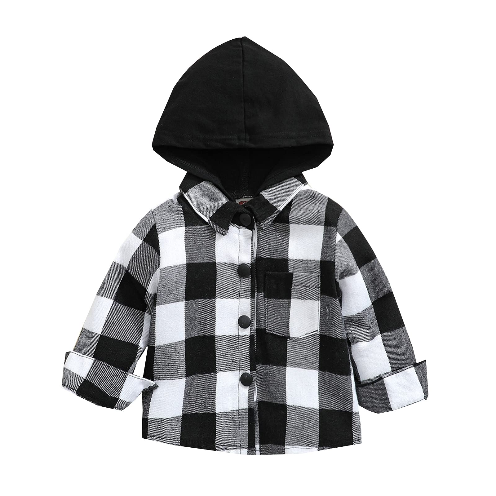 Kids Little Boys Girls Baby Long Sleeve Button Down Hooded Plaid Shirt Red Plaid Flannel Outfits (Black White, Tag 90, Us 12-18