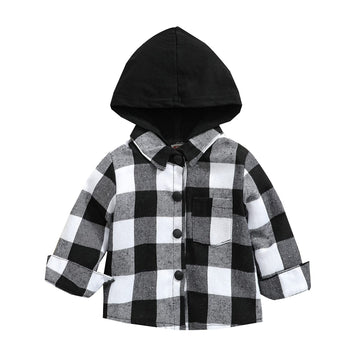 Kids Little Boys Girls Baby Long Sleeve Button Down Hooded Plaid Shirt Red Plaid Flannel Outfits (Black White, Tag 100, Us 18-24