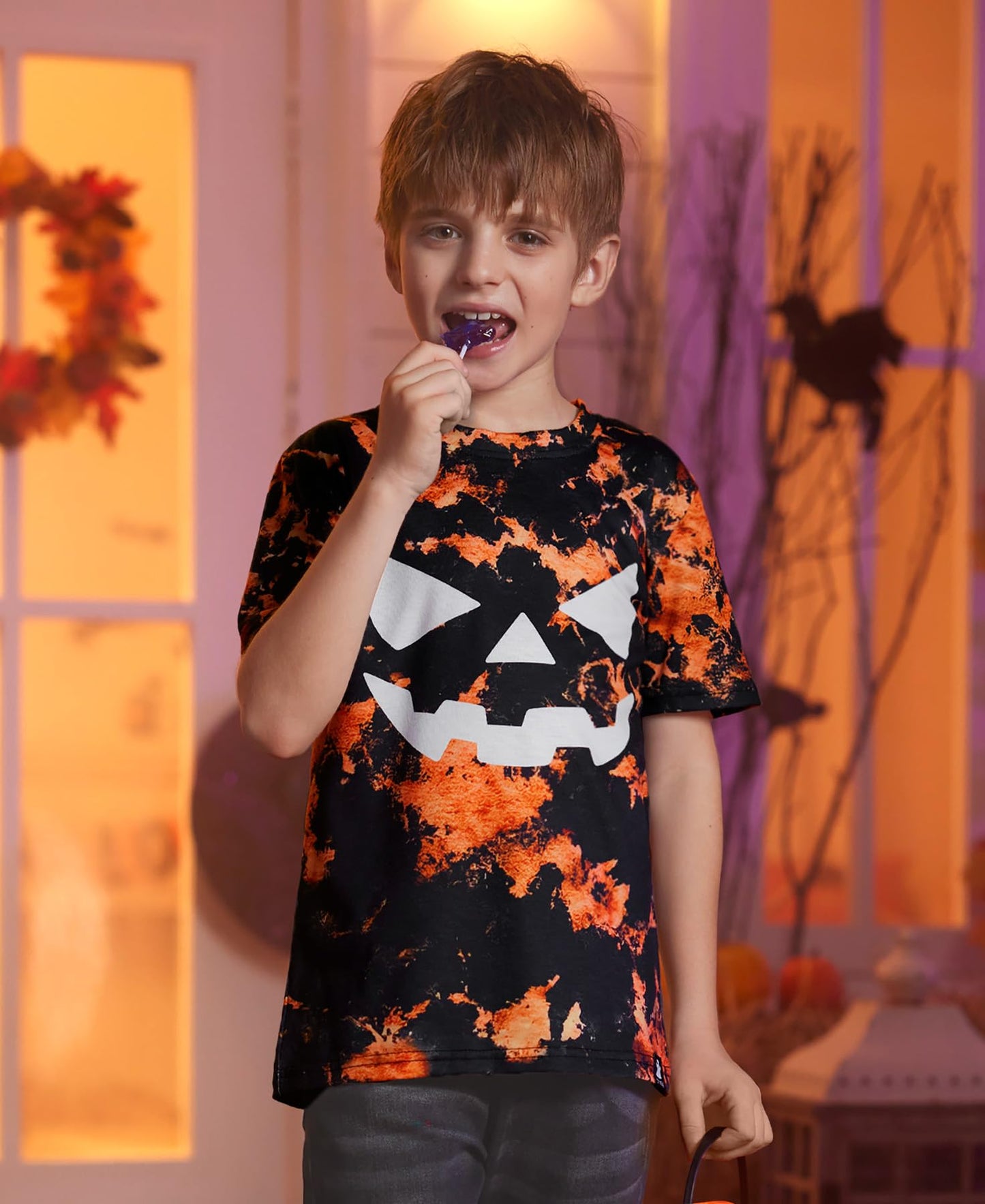 Halloween Girls Orange Tie Dye Pumpkin Face Jack O' Lantern Tee Round Neck Funny Tshirt 12 Years