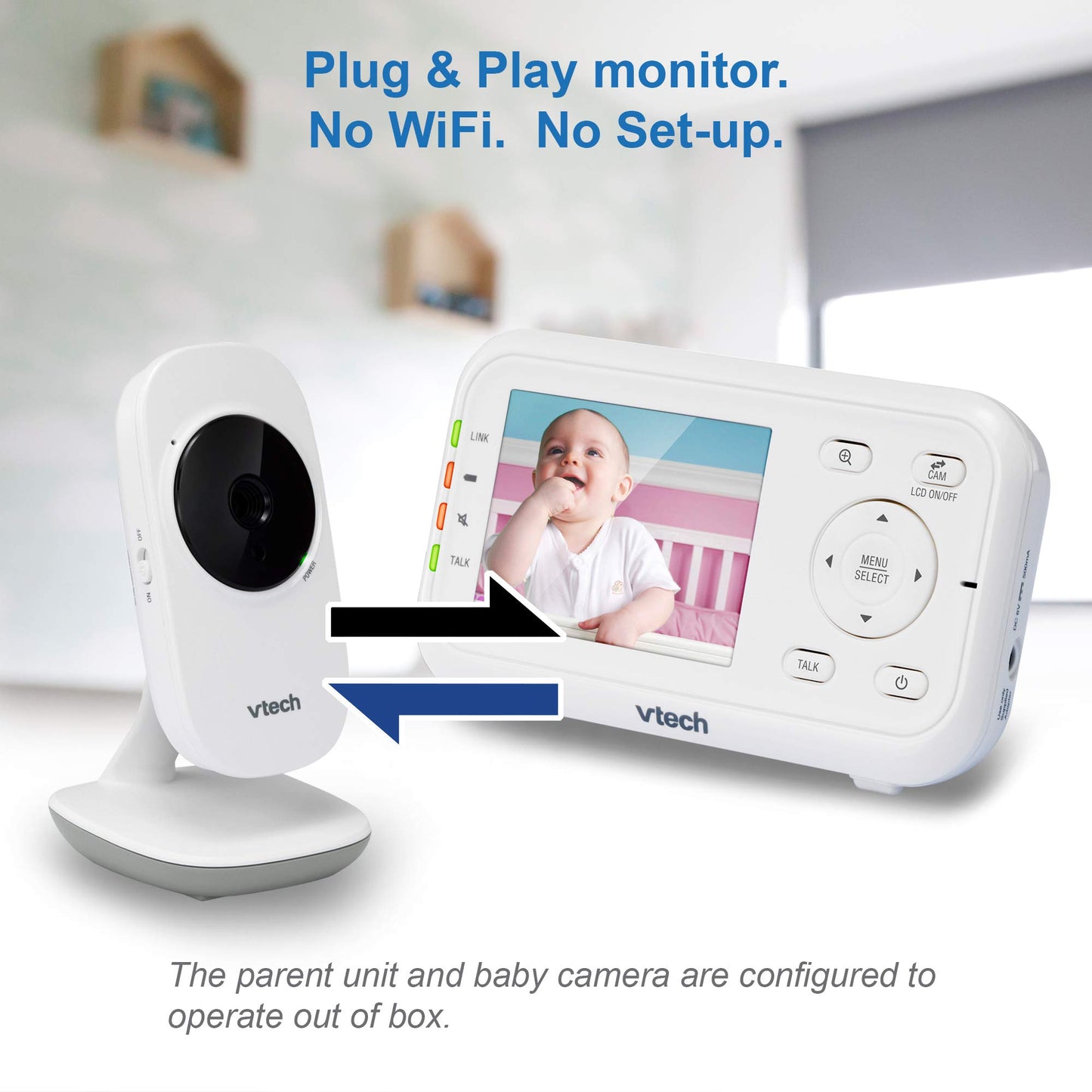 Vtech Video Baby Monitor With 1000Ft Long Range, Auto Night Vision, 2.8    Screen, 2-Way Audio Talk, Temperature Sensor, Power S