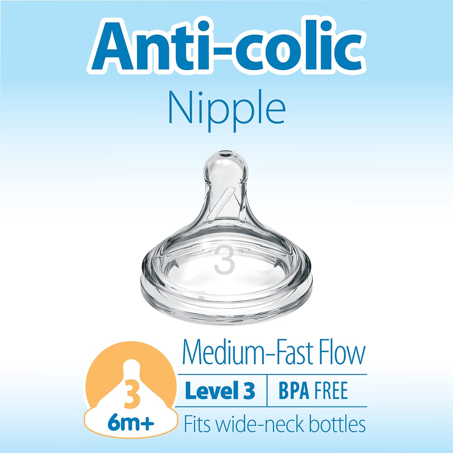 Dr. Brown'S Natural Flow Level 3 Wide-Neck Baby Bottle Silicone Nipple, Medium-Fast Flow, 6M+. 100% Silicone Bottle Nipple, 6 Co