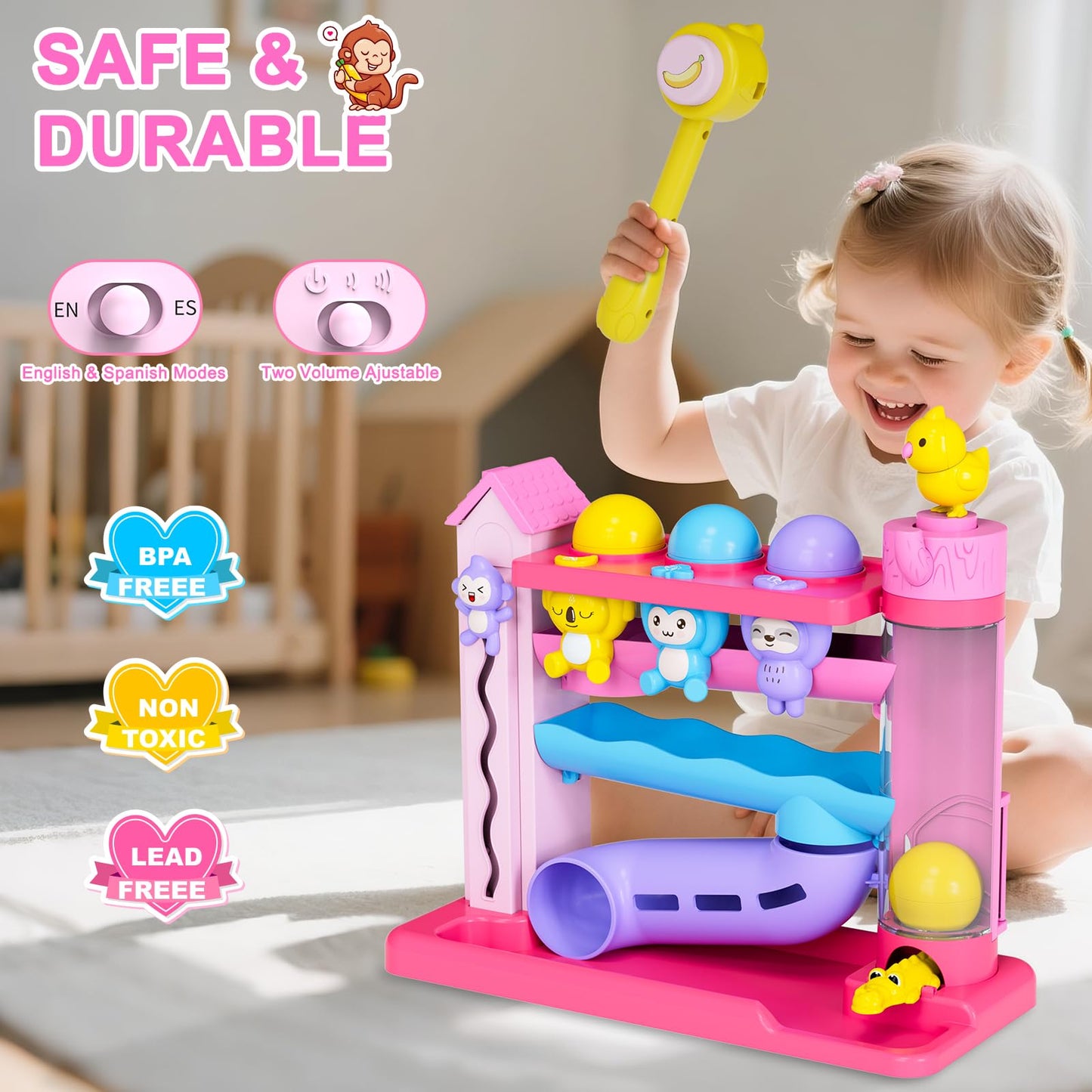 VOILBTOY Musical Toy for 1-2 Year Old Girls,Educational Baby Toys 12-18 Months,Ball Drop Toy with English & Spanish,Fine Motor T
