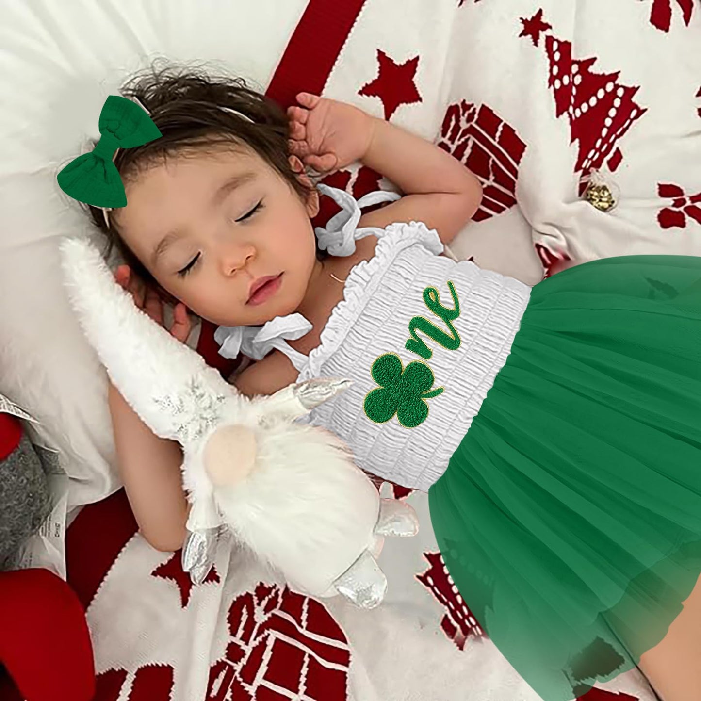 Titkkop Baby Girl 1St Birthday Clothes One Year Old Tulle Romper Sleeveless Bodysuit Cake Smash Outfits(Green-White,12-18M)