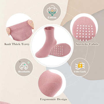 Jakidar 12 Pack Baby Socks Cotton Crew Toddler Socks Grips Non Slip Bottom Kids Socks, Pink Blue Brown Khaki 4-7T