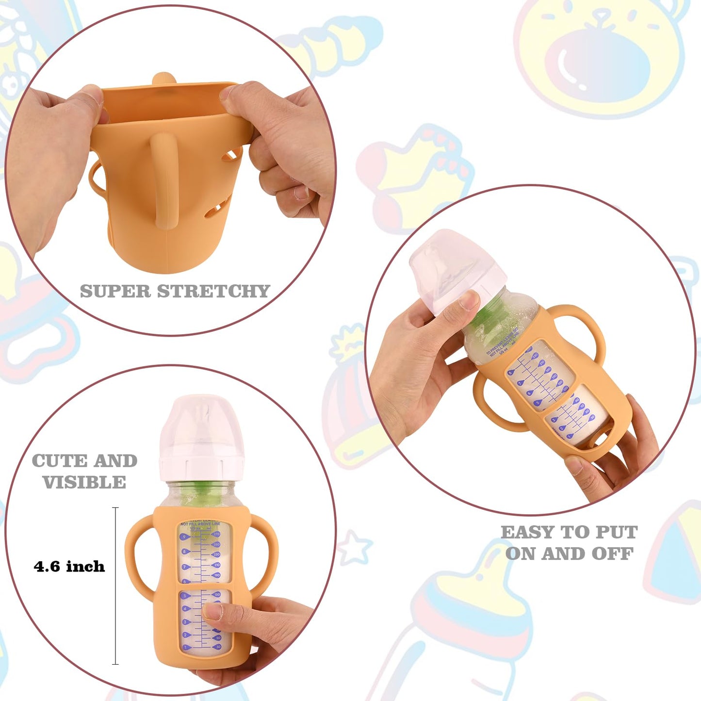 Huakener 4 Pack Silicone Sleeves With Handles For Dr Brown Baby Bottles, Anti Breakage Baby Bottles Holder, Compatible Dr Brown