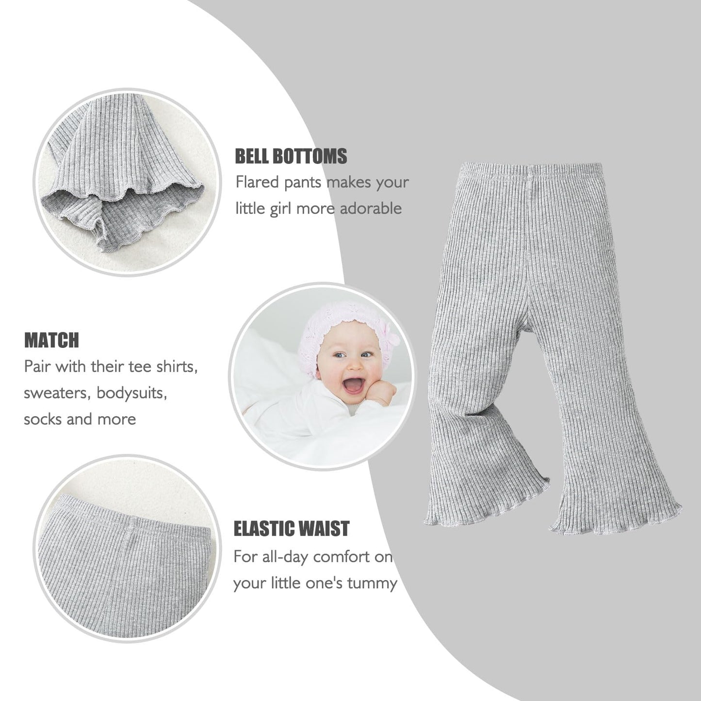 Sobowo Toddler Baby Girl Flare Pants 3 Pack Solid Ribbed Ruffle Bell Bottoms Pants Fall Outfits(Coffee/Rose/Gray, 18-24 Months)